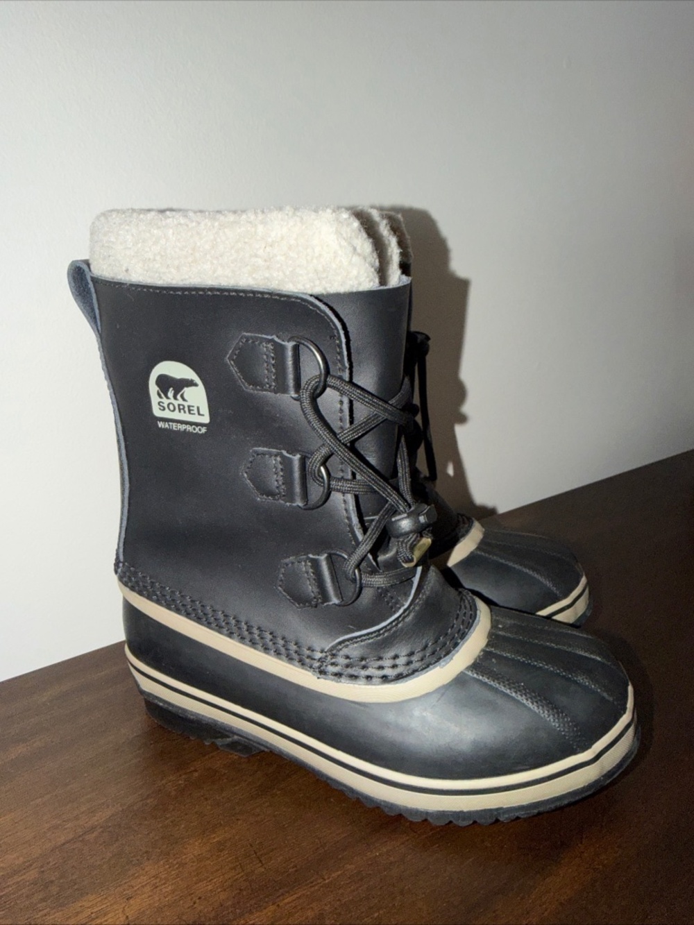 SOREL Kids Waterproof Lace-Up Snow Boots Faux Fur Lined Black/Gray US 4